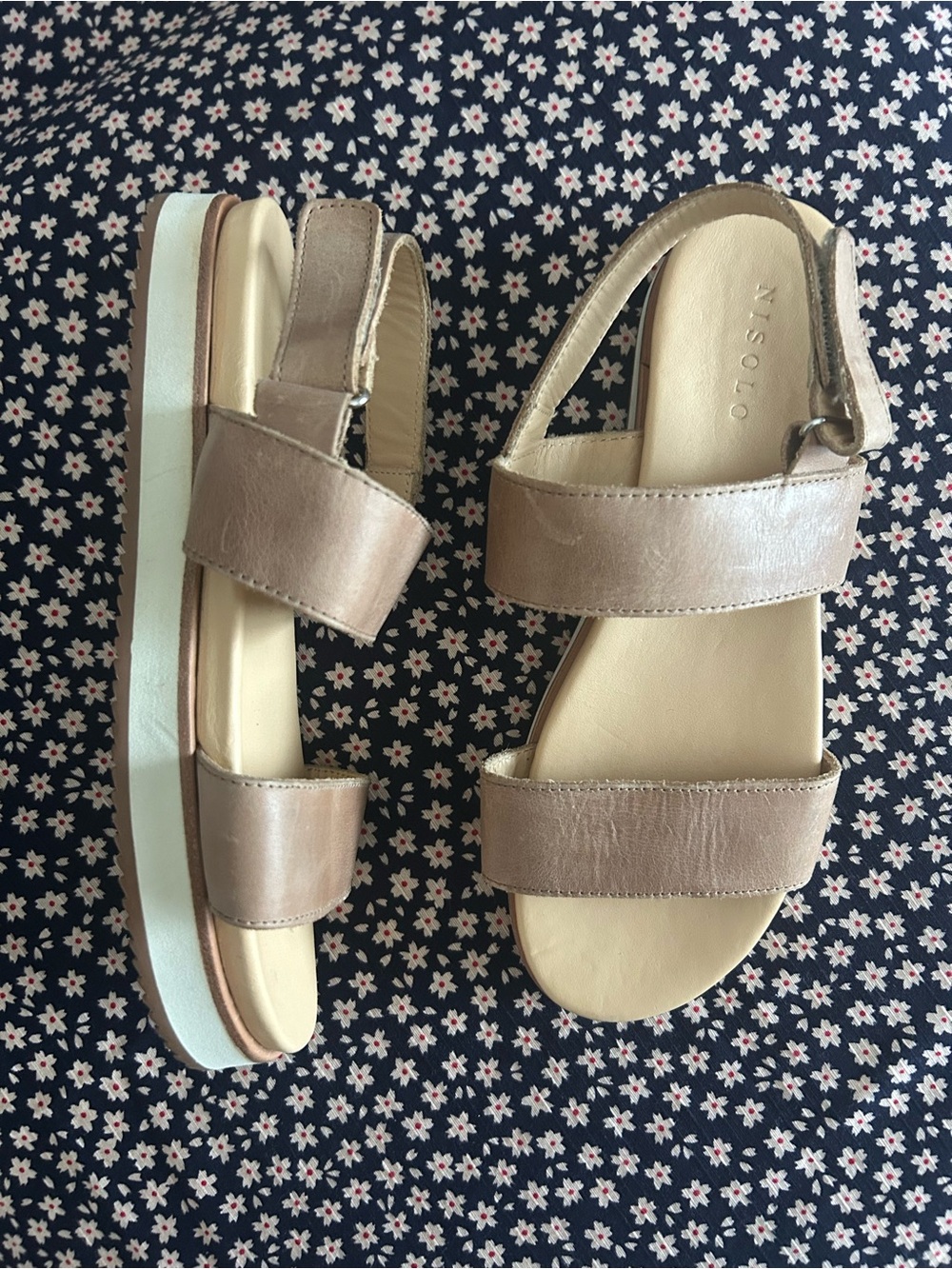 NISOLO Taupe Leather Double-Strap Slingback Sandals